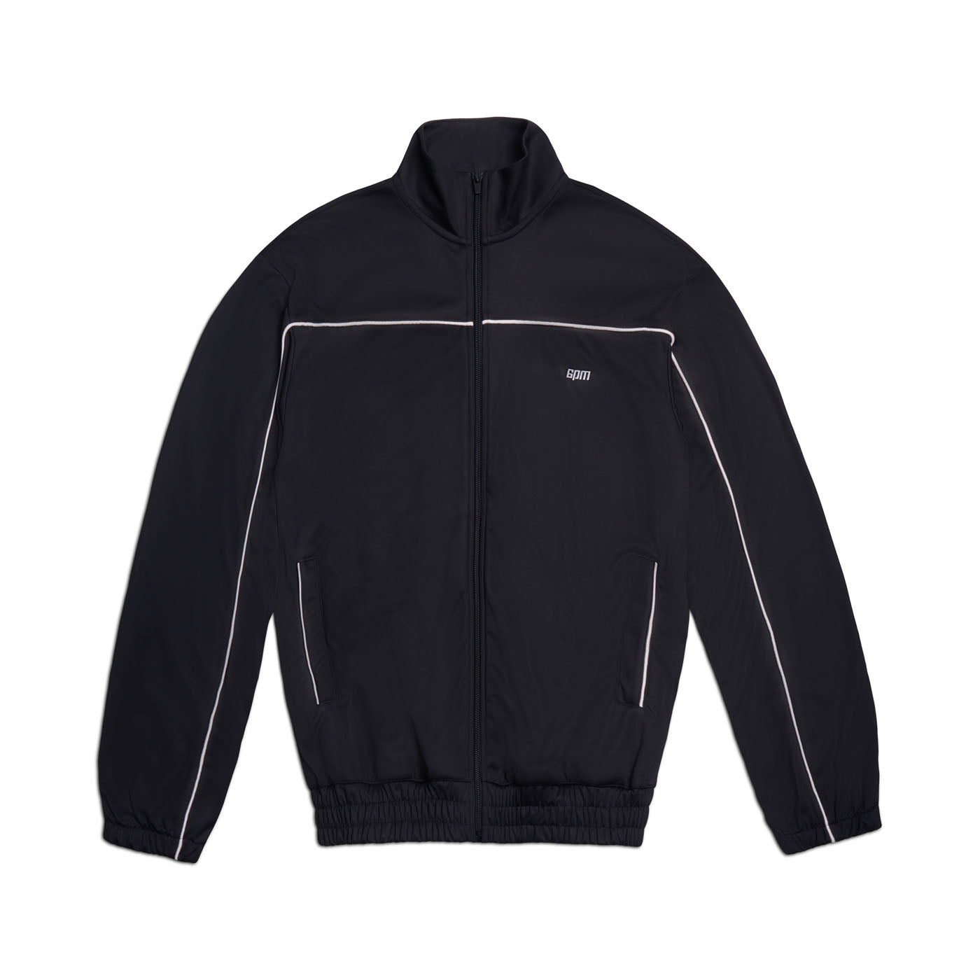 The 6PM+ TRAINER JACKET BLACK by 6PM is a black zip-up track jacket with a high collar, white piping accents, elastic cuffs and hem, two side pockets, and a small white logo on the chest—ideal for tennis or street style.