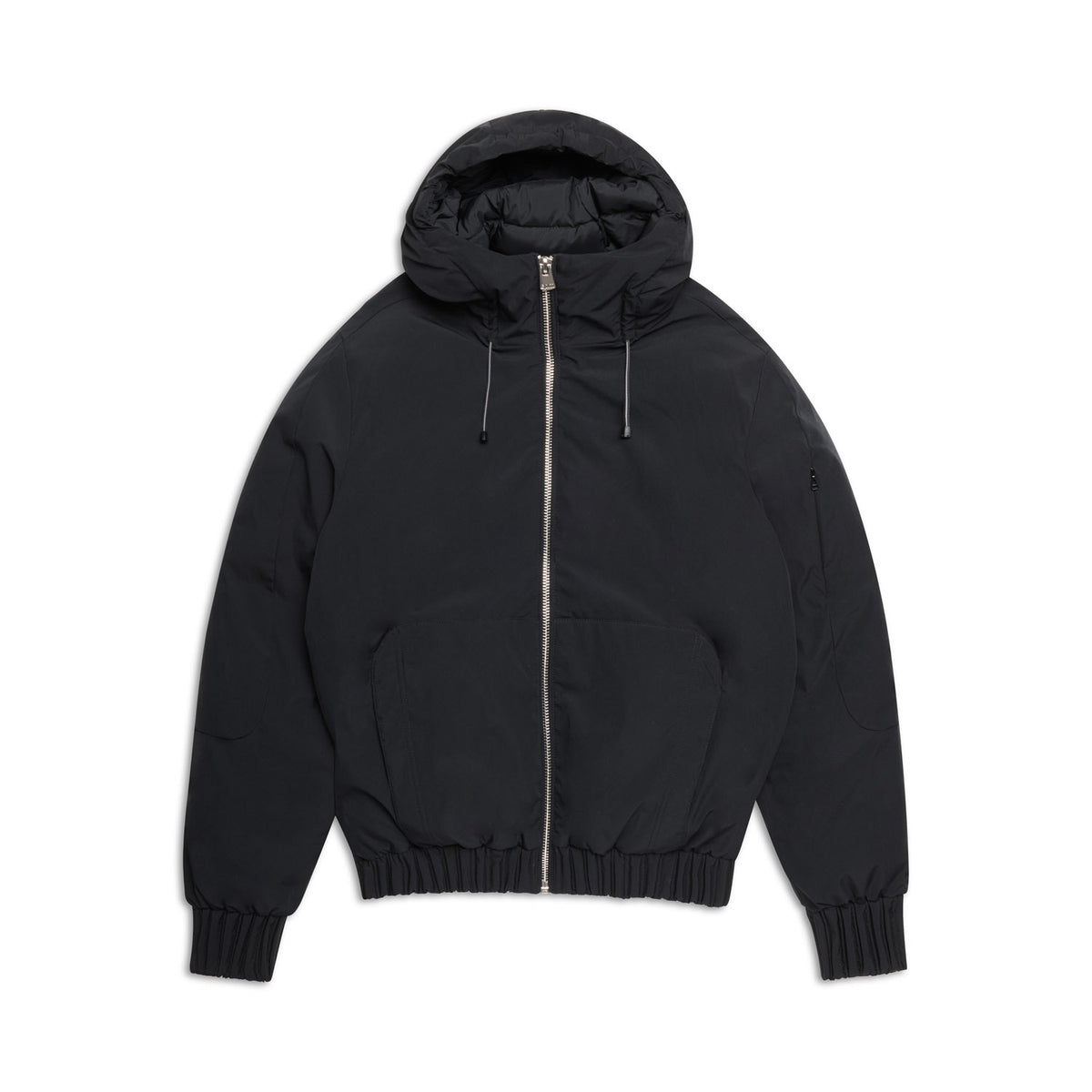 The 6PM EMBOSSED JACKET BLACK is a black hooded puffer jacket with a front zipper, zippered sleeve pocket, side pockets, elastic cuffs, and hem, displayed on a white background.