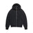The 6PM EMBOSSED JACKET BLACK is a black hooded puffer jacket with a front zipper, zippered sleeve pocket, side pockets, elastic cuffs, and hem, displayed on a white background.