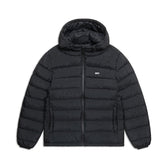 The 6PM LIGHT WEIGHT PUFFER JACKET BLACK features a hood, front zipper, two side pockets, horizontal quilting, and a small white KEITH logo on the left chest.