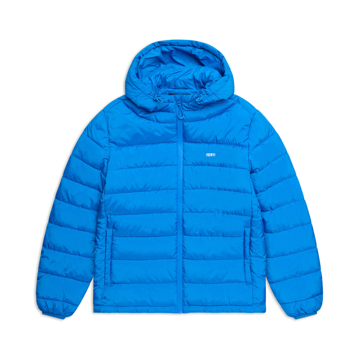 The 6PM LIGHT WEIGHT PUFFER JACKET PRINCESS BLUE features a hood, front zipper, horizontal quilting, and elastic cuffs. A small white logo accents the left chest. It's displayed flat on a white background.