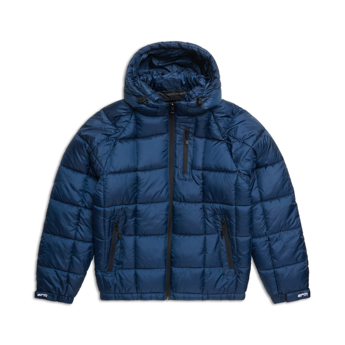 The 6PM LIGHT PUFFER JACKET RECTANGLES MIDNIGHT BLUE features a hood, front zipper, quilted design, two zippered side pockets, and a small chest pocket.