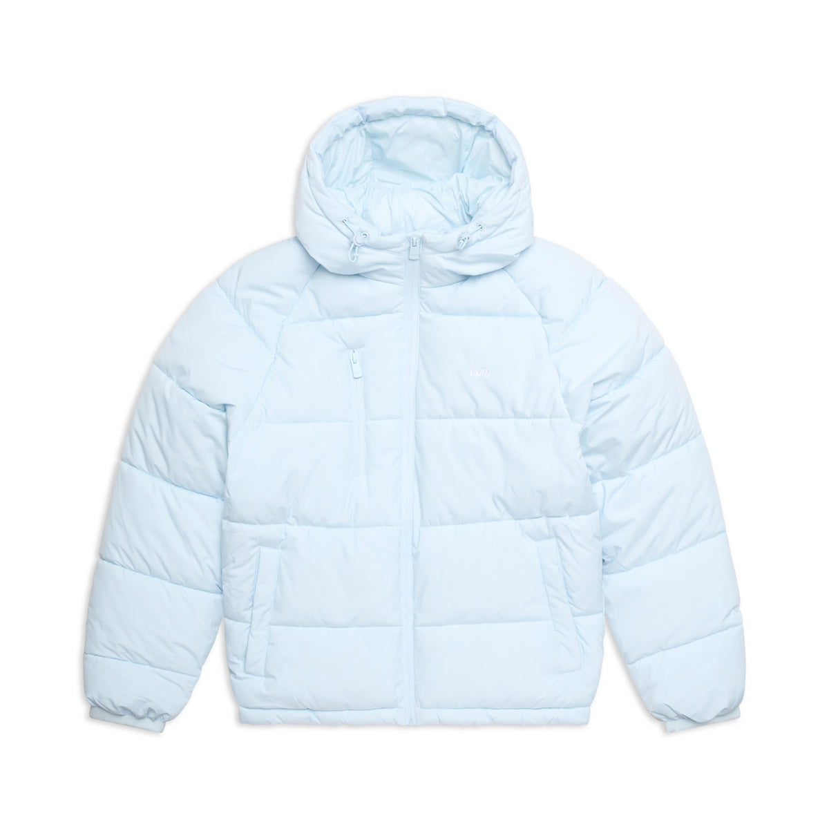 The 6PM PUFFER JACKET ICE BLUE features a hood, front zipper, and two side pockets, displayed against a white background.