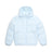 The 6PM PUFFER JACKET ICE BLUE features a hood, front zipper, and two side pockets, displayed against a white background.