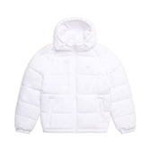 The 6PM PUFFER JACKET WHITE features a hood, front zipper, chest pocket, and two side pockets, shown against a plain white background.