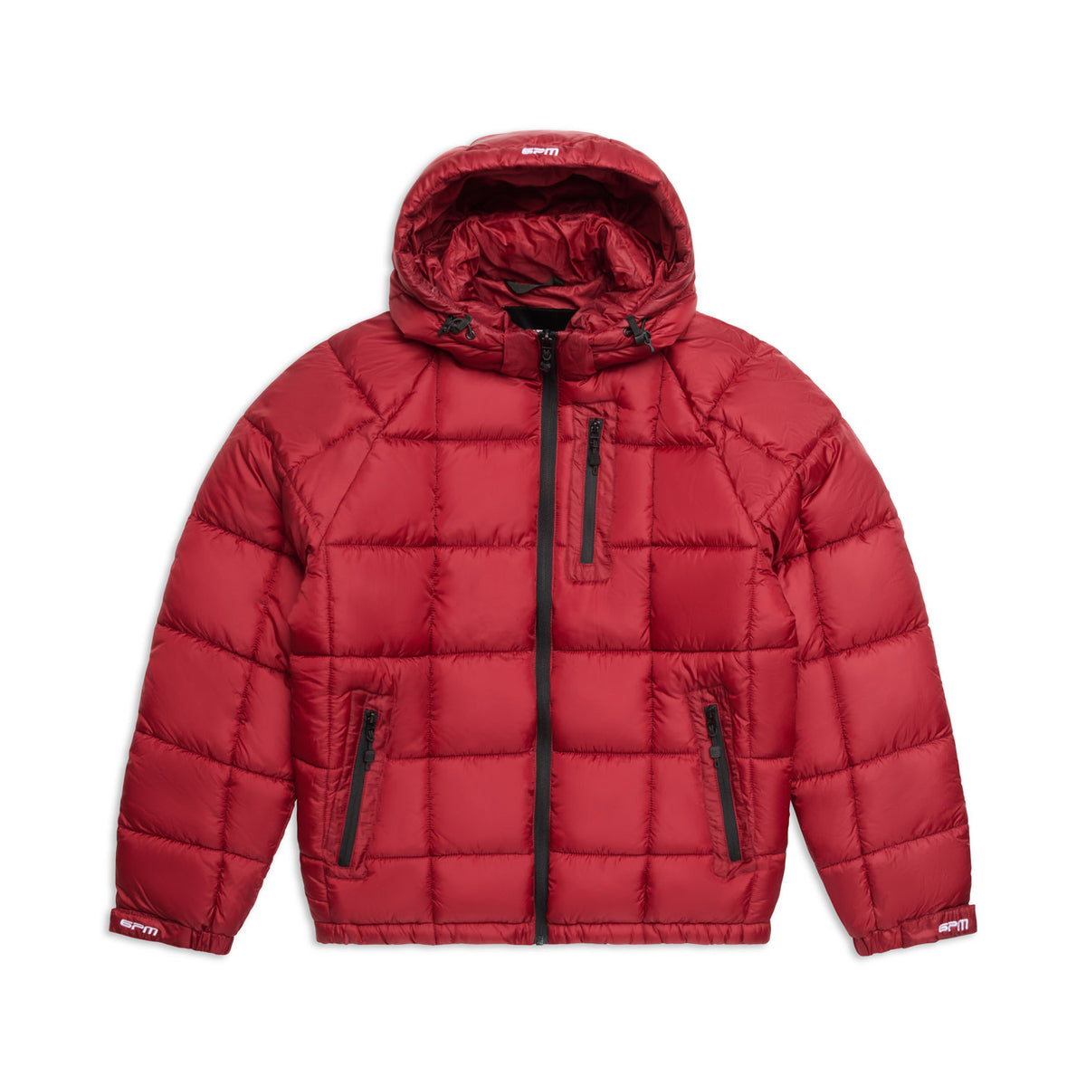 The 6PM LIGHT PUFFER JACKET RECTANGLES WINE RED features a hood, black front zipper, two zippered side pockets, and one zippered chest pocket, shown laid flat on a white background.
