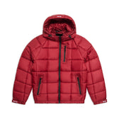 The 6PM LIGHT PUFFER JACKET RECTANGLES WINE RED features a hood, black front zipper, two zippered side pockets, and one zippered chest pocket, shown laid flat on a white background.