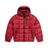 The 6PM LIGHT PUFFER JACKET RECTANGLES WINE RED features a hood, black front zipper, two zippered side pockets, and one zippered chest pocket, shown laid flat on a white background.
