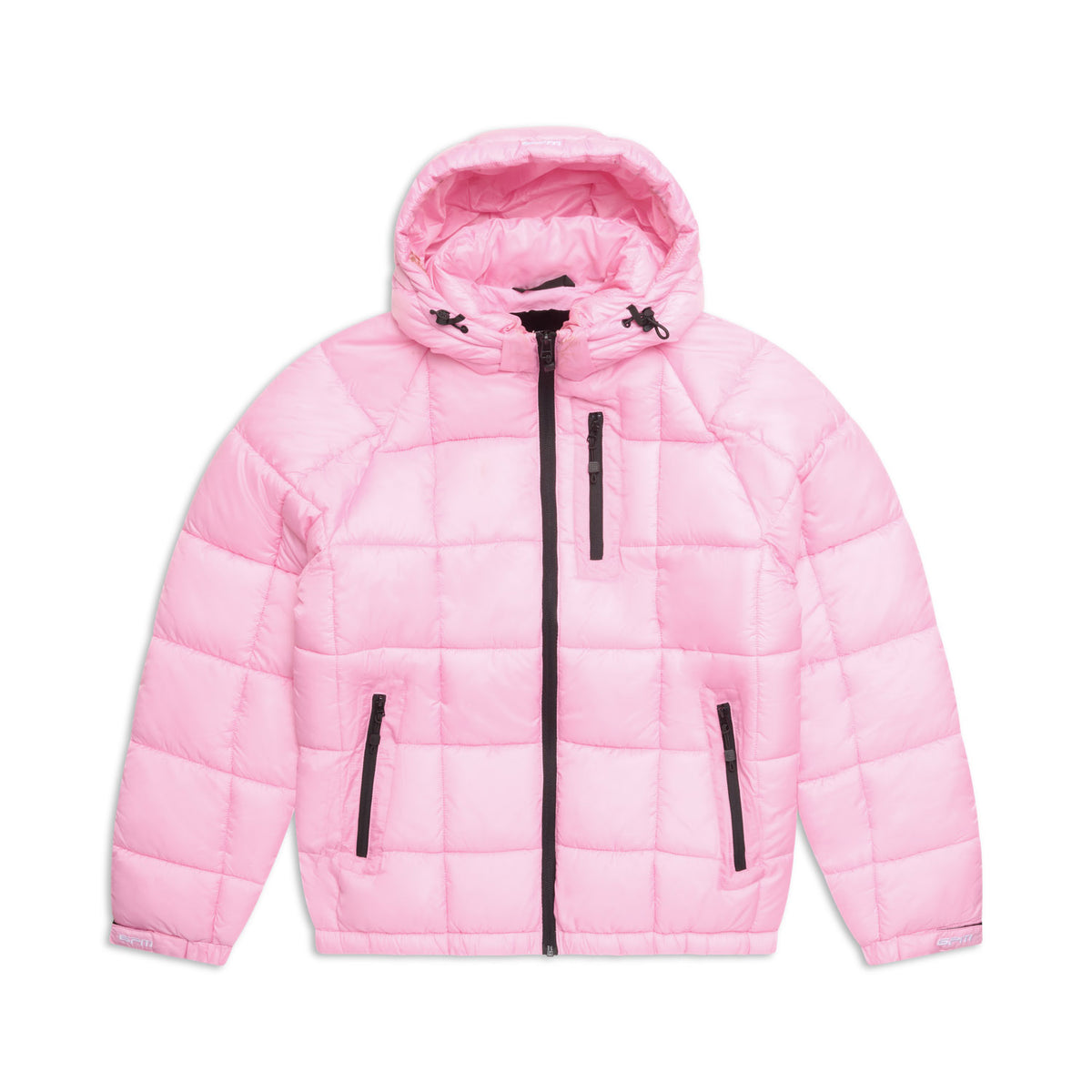 The 6PM LIGHT PUFFER JACKET RECTANGLES PINK features a hood, black zipper closures, and two front pockets, shown on a white background.