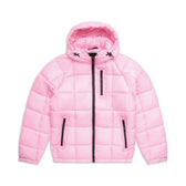 The 6PM LIGHT PUFFER JACKET RECTANGLES PINK features a hood, black zipper closures, and two front pockets, shown on a white background.
