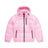 The 6PM LIGHT PUFFER JACKET RECTANGLES PINK features a hood, black zipper closures, and two front pockets, shown on a white background.
