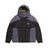 The 6PM COLOUR BLOCKING PUFFER BLACK/ANTHRACITE is a gray and black hooded jacket with a front zipper, patterned hood lining, logo patch on the left chest, color-block design, and insulated sections.