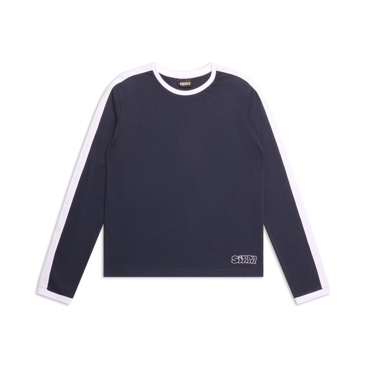 The 6PM GRAFFITI RINGER LS MIDNIGHT BLUE is a long-sleeve navy shirt with white trim on the sleeves and neckline plus a small white logo near the hem, displayed flat on a white background.
