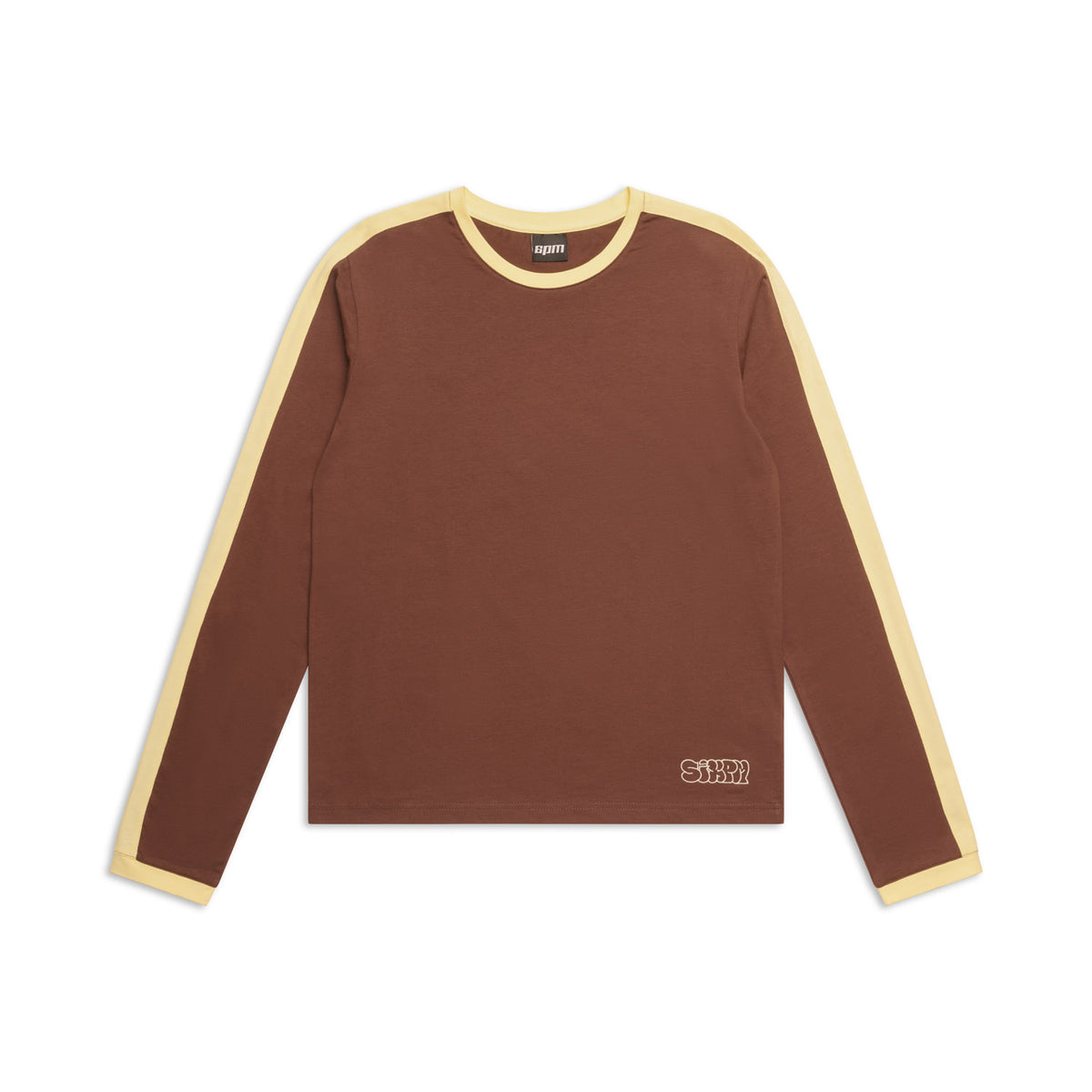 The GRAFFITI RINGER LS DARK HAZELNUT by 6PM is a long-sleeve brown shirt with light yellow trim on the collar, cuffs, and sleeves, plus a small embroidered logo near the bottom left hem.