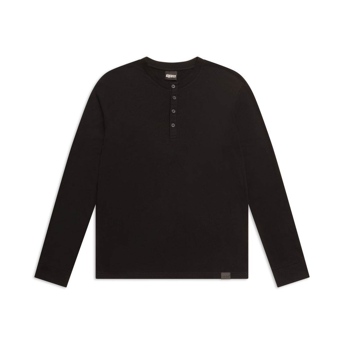 The 6PM BUTTONED SLIM FIT LS BLACK is a slim-fit black long-sleeve Henley shirt with a round neckline and four-button placket, shown on a white background.