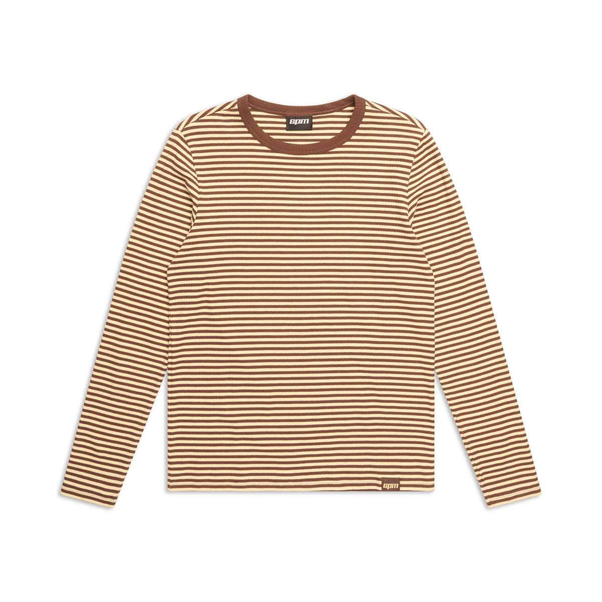 The 6PM STRIPED RIBBED LS DARK HAZELNUT is a long-sleeve shirt with thin horizontal brown and beige stripes and a solid brown collar, displayed flat on a white background.