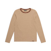 The 6PM STRIPED RIBBED LS DARK HAZELNUT is a long-sleeve shirt with thin horizontal brown and beige stripes and a solid brown collar, displayed flat on a white background.