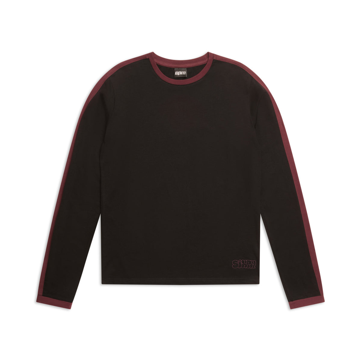 The 6PM GRAFFITI RINGER LS BLACK is a black long-sleeve shirt with dark red trim on the sleeves, shoulders, and cuffs. It features a crew neckline and a small stitched logo near the hem, shown flat on a white background.