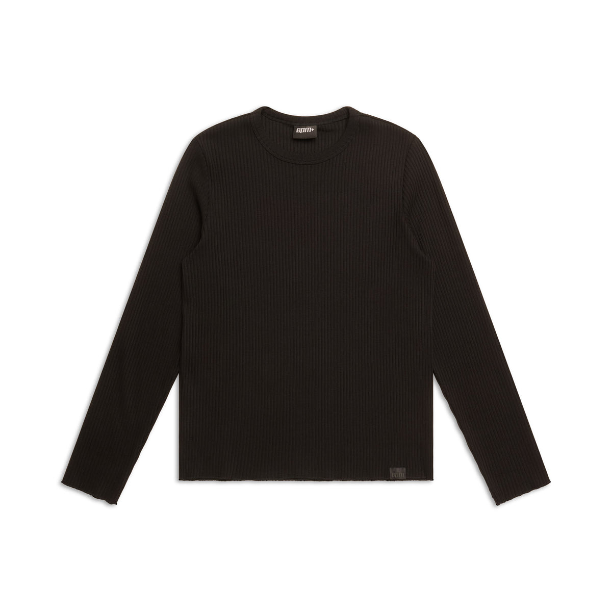 The 6PM+ RIBBED LS BLACK by 6PM is a black, long-sleeve, ribbed crew neck shirt displayed flat on a white background.