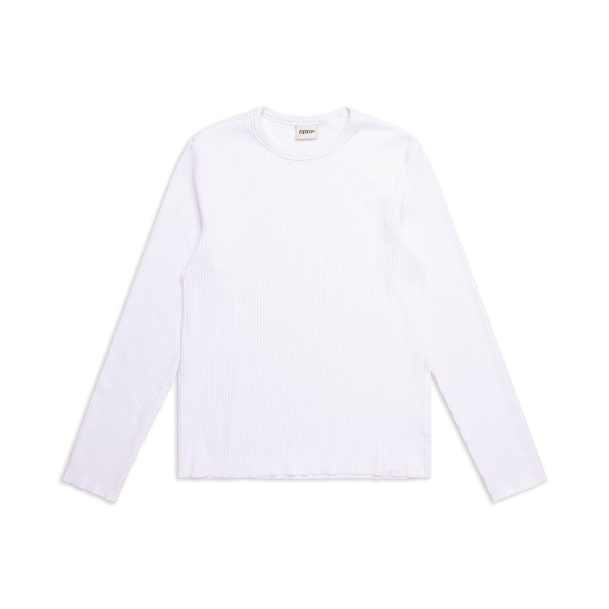 The 6PM 6PM+ RIBBED LS WHITE is a plain white, long-sleeve, ribbed crewneck shirt, shown laid flat on a white background.