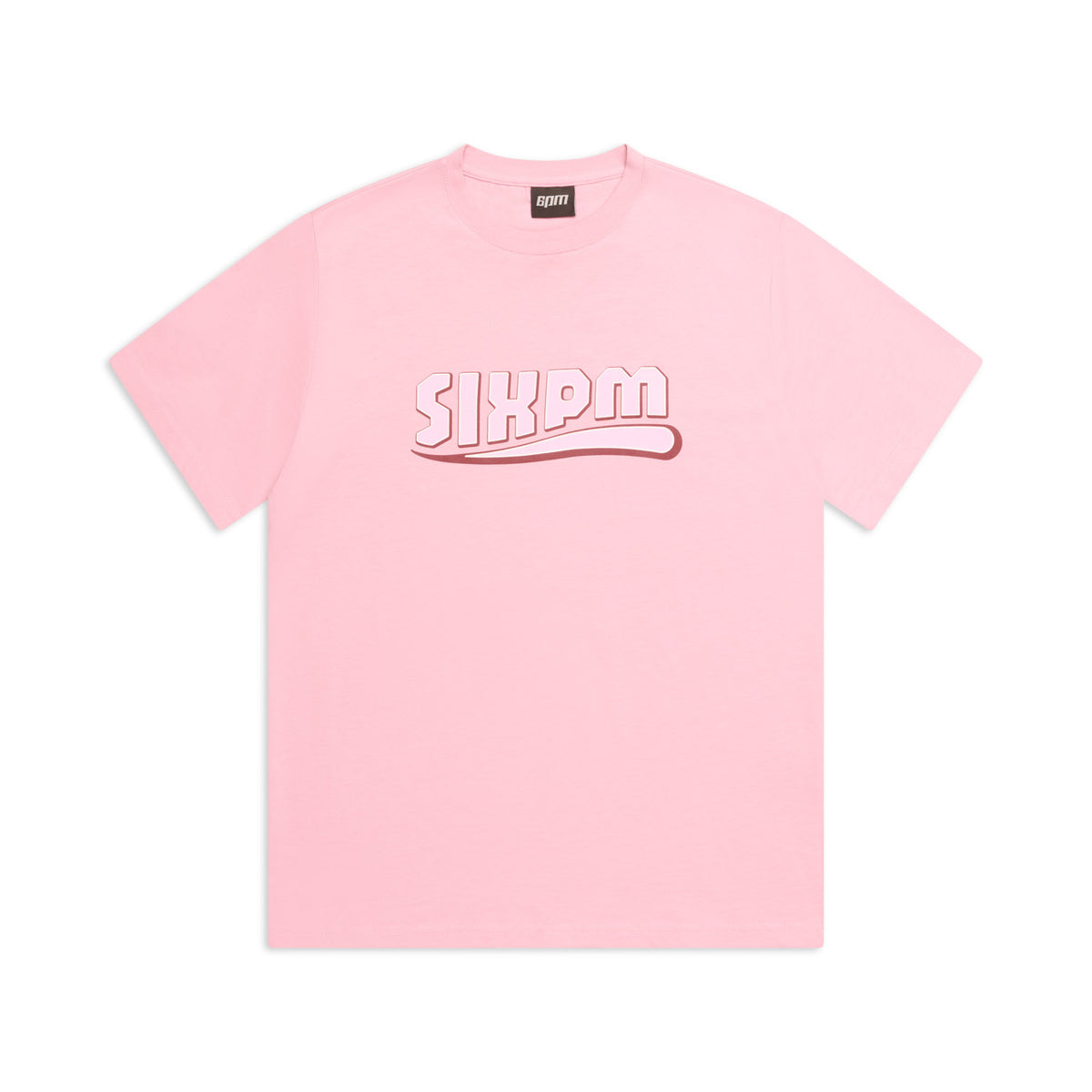 The CLEAN EDGE WAVE T-SHIRT PINK by 6PM features bold, white, stylized 6PM lettering outlined in pink across the chest. The light pink shirt is displayed flat on a white background.