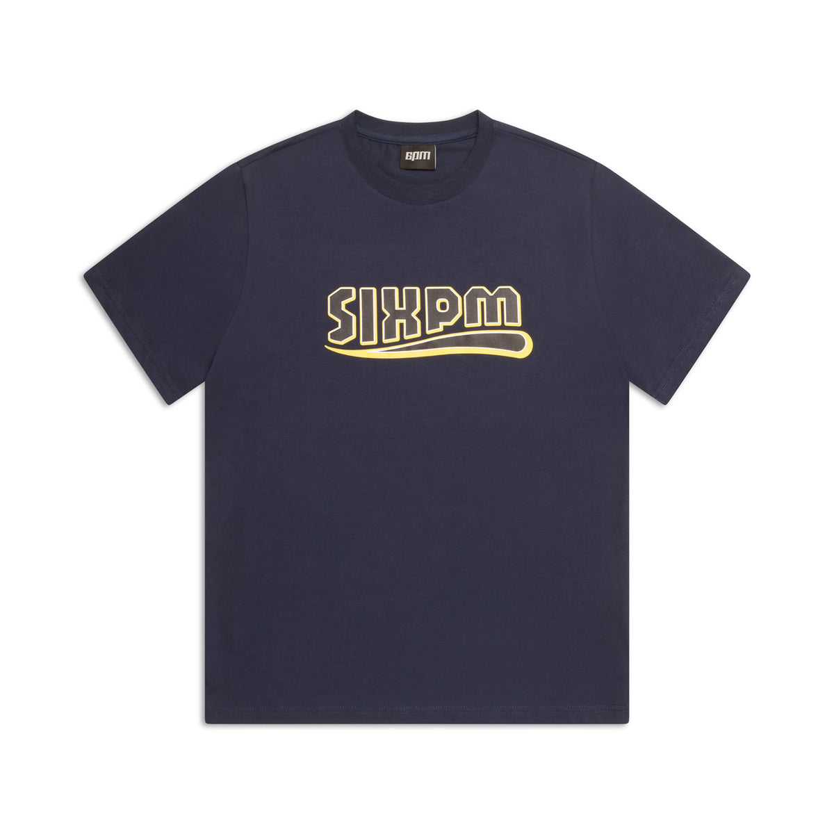 The CLEAN EDGE WAVE T-SHIRT MIDNIGHT BLUE by 6PM is a navy short-sleeve shirt with bold yellow “SIXPM” lettering and a stylized underline on the chest, displayed flat against a white background.