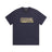 The CLEAN EDGE WAVE T-SHIRT MIDNIGHT BLUE by 6PM is a navy short-sleeve shirt with bold yellow “SIXPM” lettering and a stylized underline on the chest, displayed flat against a white background.