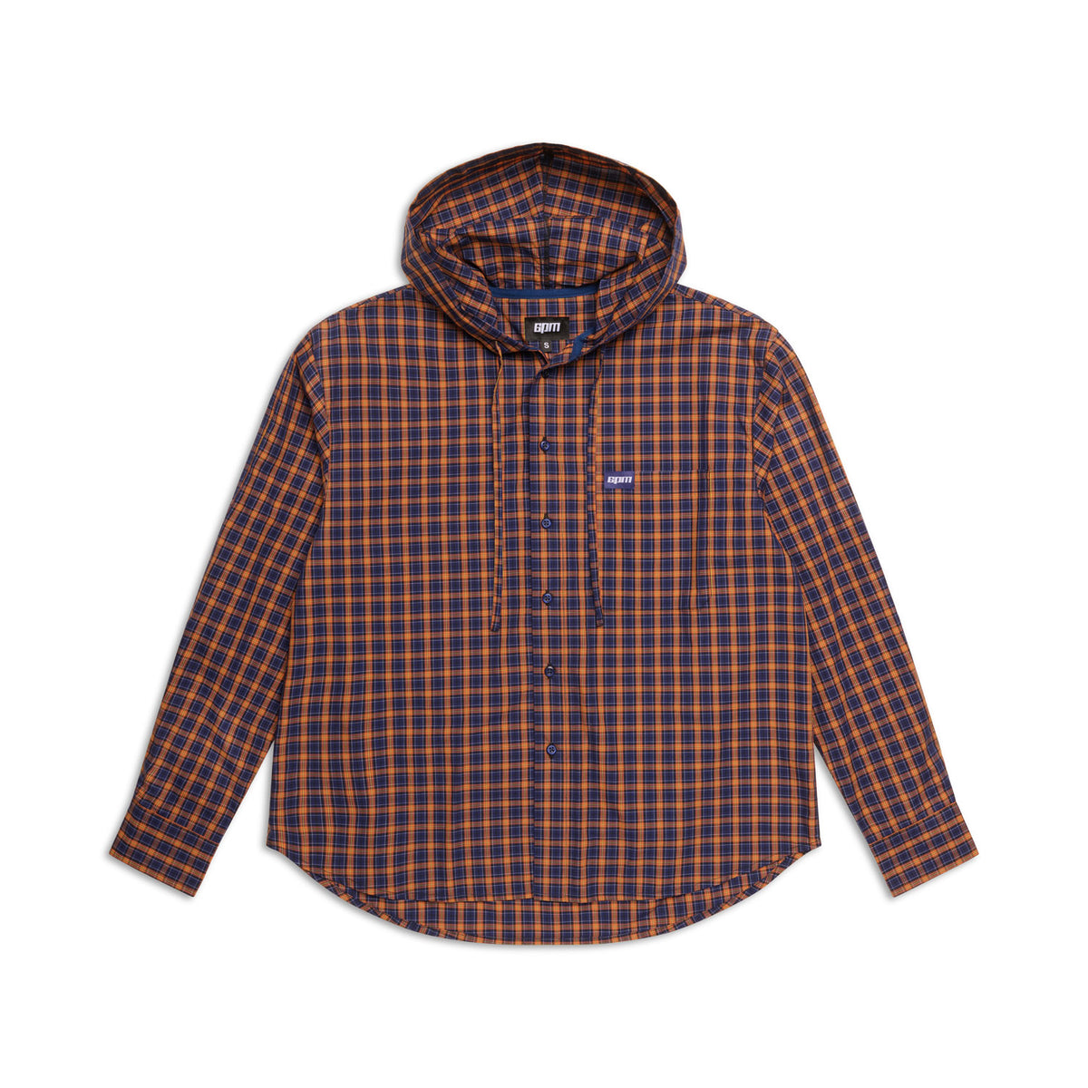 The 6PM HOODED DRESS SHIRT in blue, orange, and black plaid features long sleeves, a button-up front, and a chest pocket with a small label, shown flat on a white background.