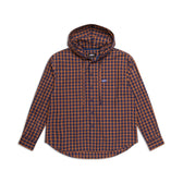 The 6PM HOODED DRESS SHIRT in blue, orange, and black plaid features long sleeves, a button-up front, and a chest pocket with a small label, shown flat on a white background.