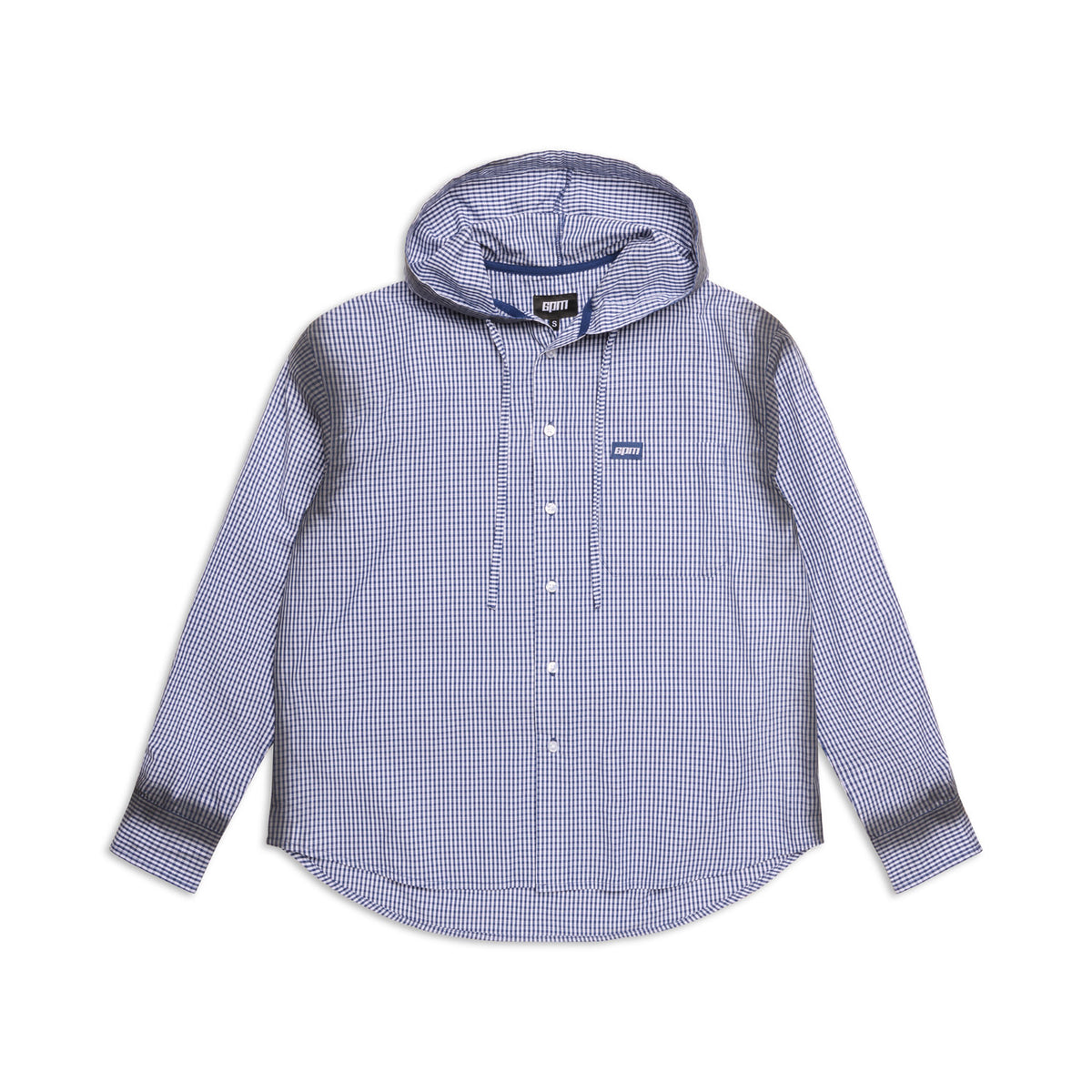 The 6PM HOODED DRESS SHIRT in deep sea blue/white features long sleeves, a checkered pattern, and a hood, laid flat on a white background.