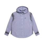 The 6PM HOODED DRESS SHIRT in deep sea blue/white features long sleeves, a checkered pattern, and a hood, laid flat on a white background.