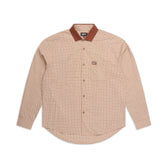 The 6PM STRIPED RIBBED LS DARK HAZELNUT is a long-sleeve shirt with a striped ribbed pattern, solid brown collar, front left chest pocket, and brown buttons.