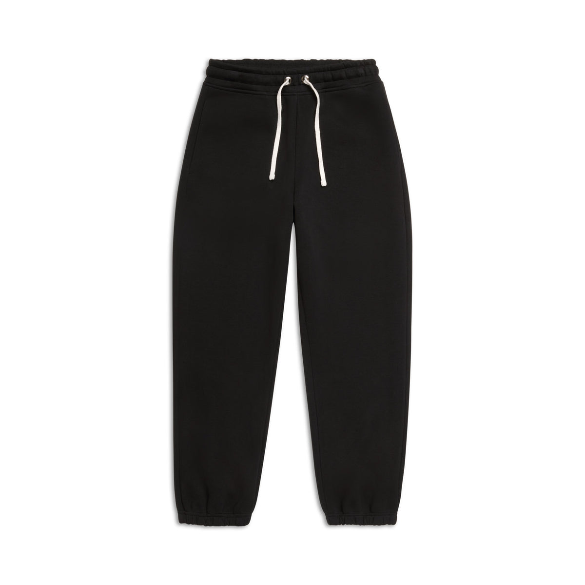 The 6PM X-TRA WIDE CUFF JOGGER BLACK features black sweatpants with an elastic waistband, white drawstring, and elastic ankle cuffs, shown on a white background.
