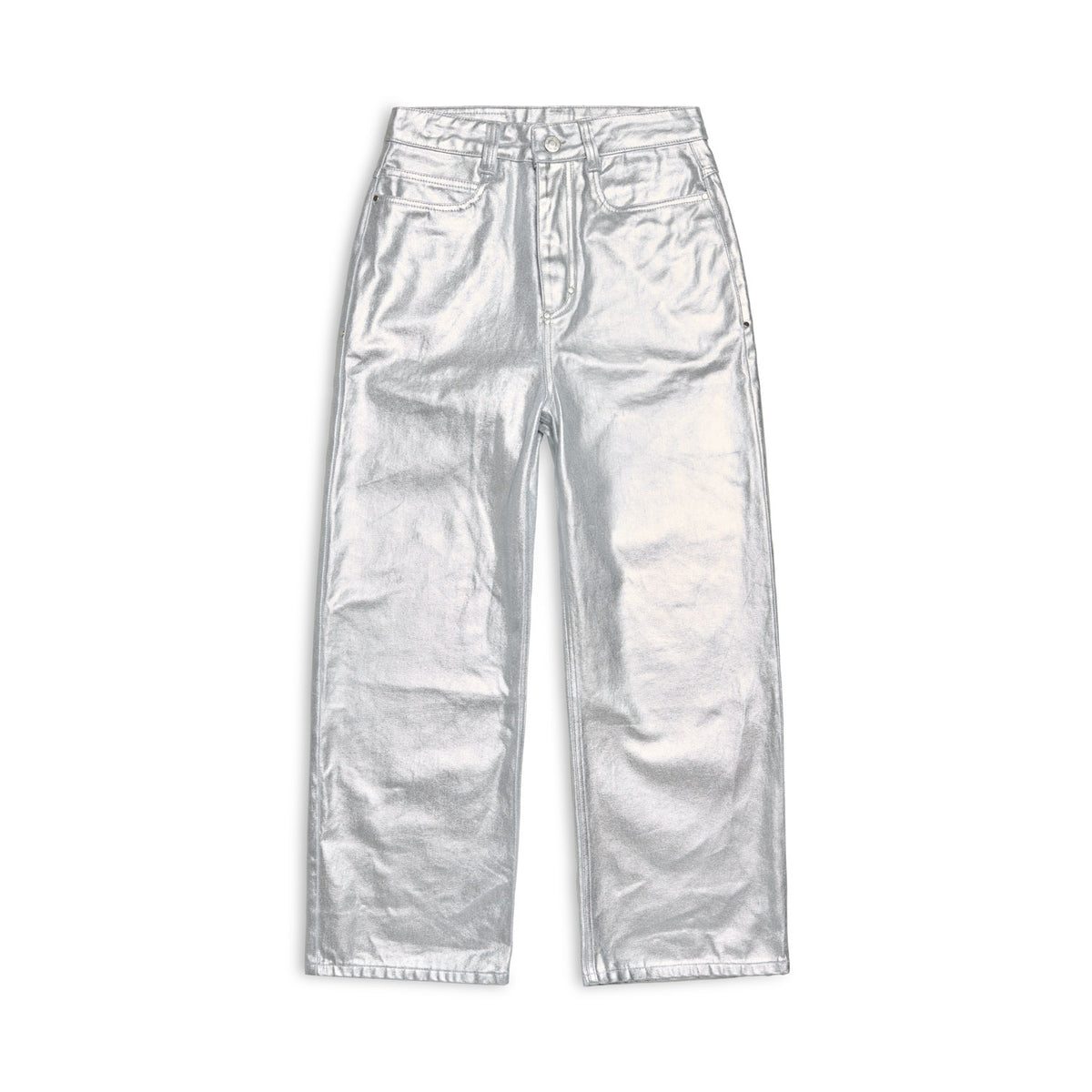The 6PM WAX COATED DENIM SILVER SURFER pants are high-waisted, straight-leg with a metallic silver finish, front and back pockets, belt loops, and a button-and-zip closure, shown flat on a white background.