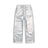 The 6PM WAX COATED DENIM SILVER SURFER pants are high-waisted, straight-leg with a metallic silver finish, front and back pockets, belt loops, and a button-and-zip closure, shown flat on a white background.
