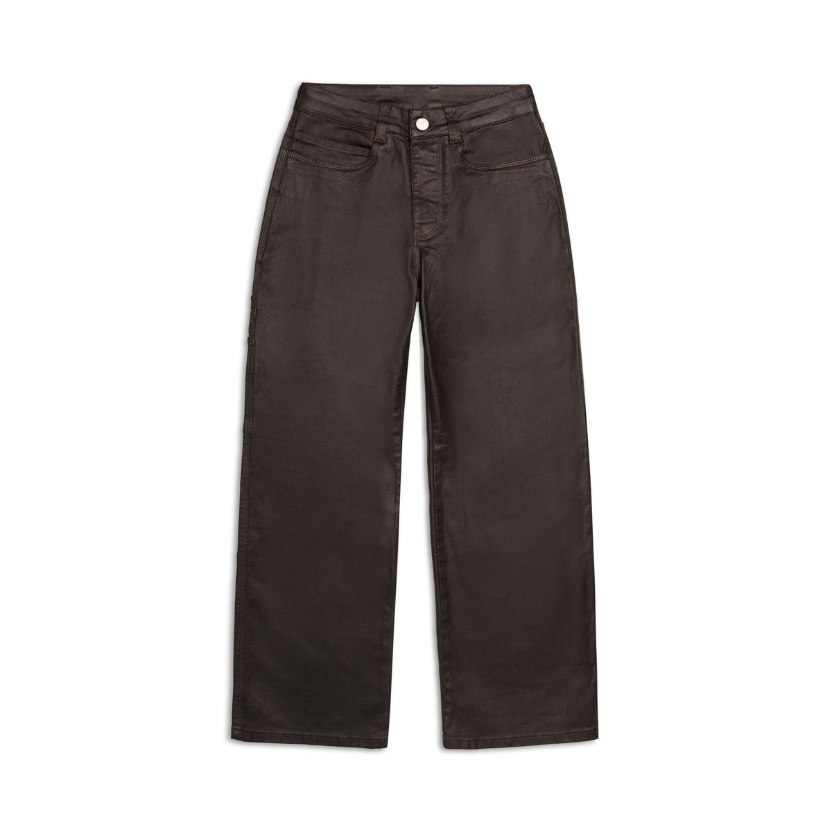 The COATED CARPENTER DENIM HASH BROWNIE by 6PM is a pair of high-waisted, wide-leg dark brown pants with front and back pockets and a button-zip closure, shown flat against a white background.
