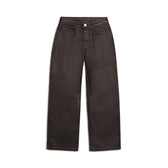 The COATED CARPENTER DENIM HASH BROWNIE by 6PM is a pair of high-waisted, wide-leg dark brown pants with front and back pockets and a button-zip closure, shown flat against a white background.