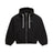 The 6PM BOXY ZIP HOODIE BLACK features white drawstrings, ribbed cuffs and hem, and small white text on the left chest. It is displayed laid flat on a white background.