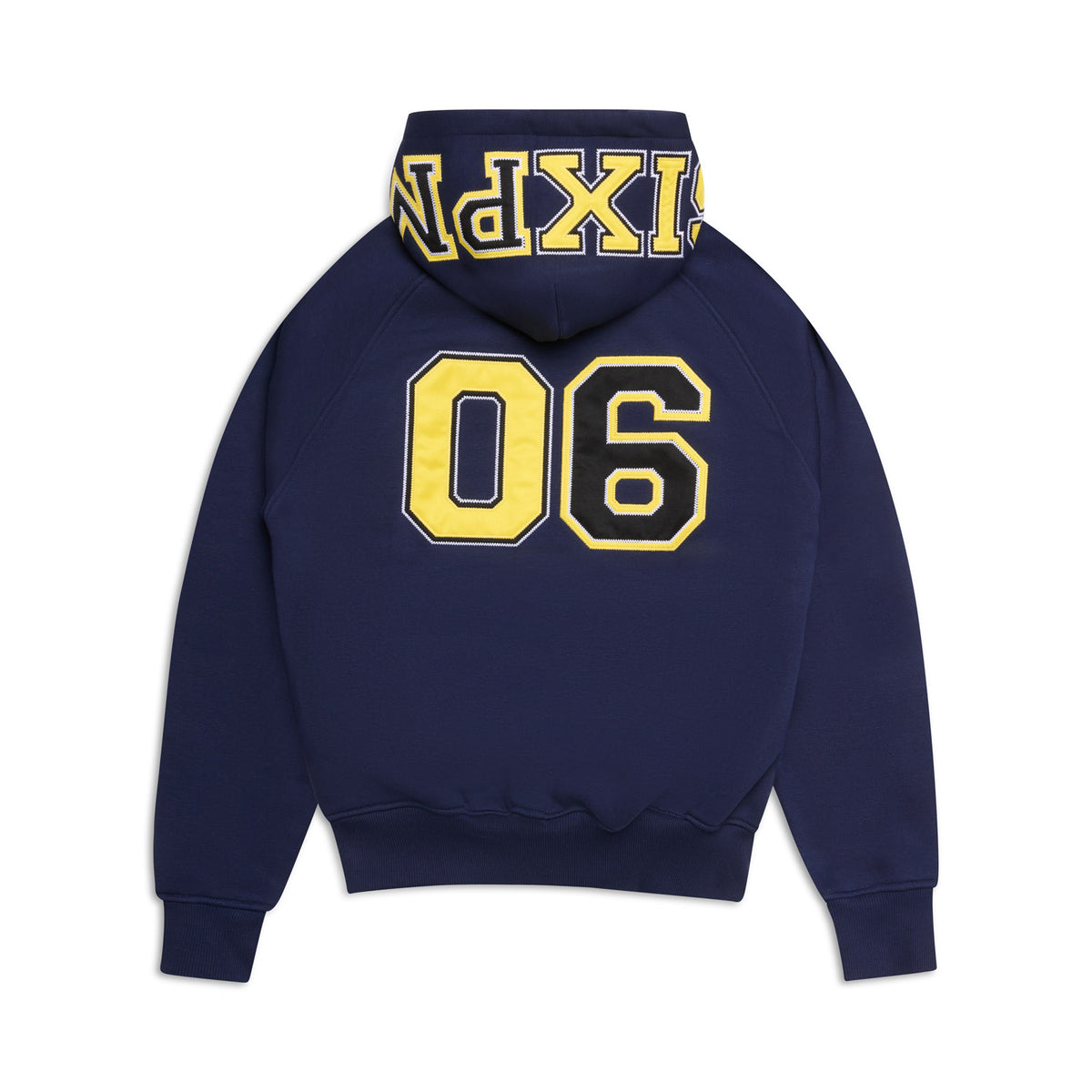 The 6PM COLLEGE LETTER HOODIE MIDNIGHT BLUE features bold yellow 06 numbers on the back and "XPINIX" in yellow text across the hood.