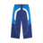 The 6PM EVERYDAY TRACK PANTS SHADOW BLUE feature blue and white wide-leg panels, white piping, an elastic waistband, and side pockets, shown on a white background.
