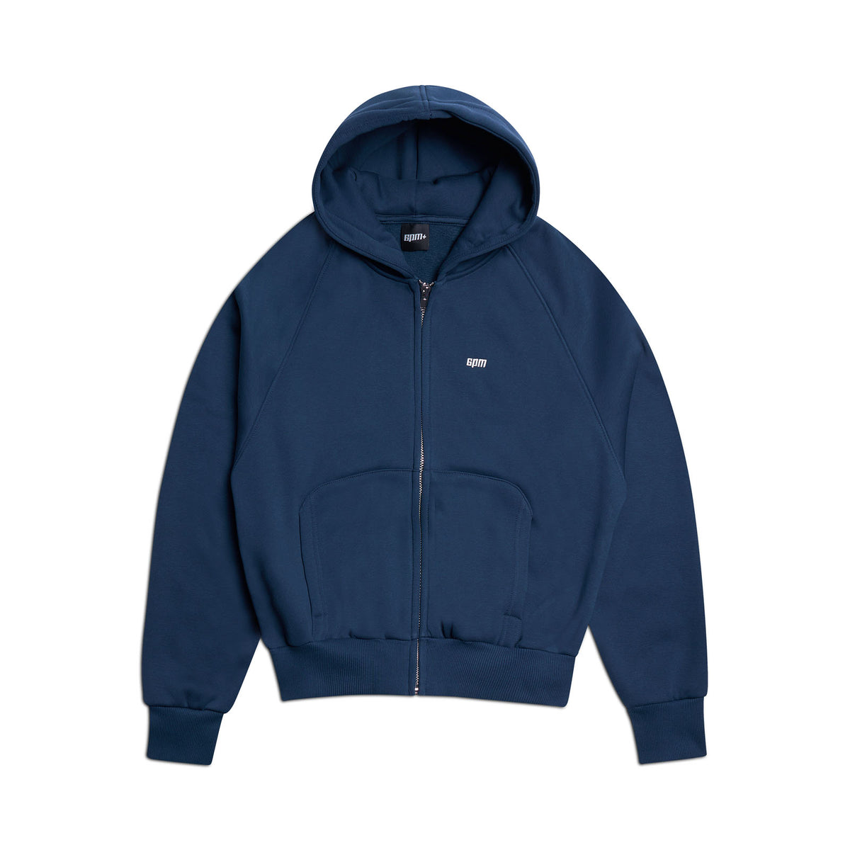 The 6PM ZIP HOODIE NAVY features a structured feel, front pouch pocket, ribbed cuffs and hem, and a small white chest logo, shown against a white background.