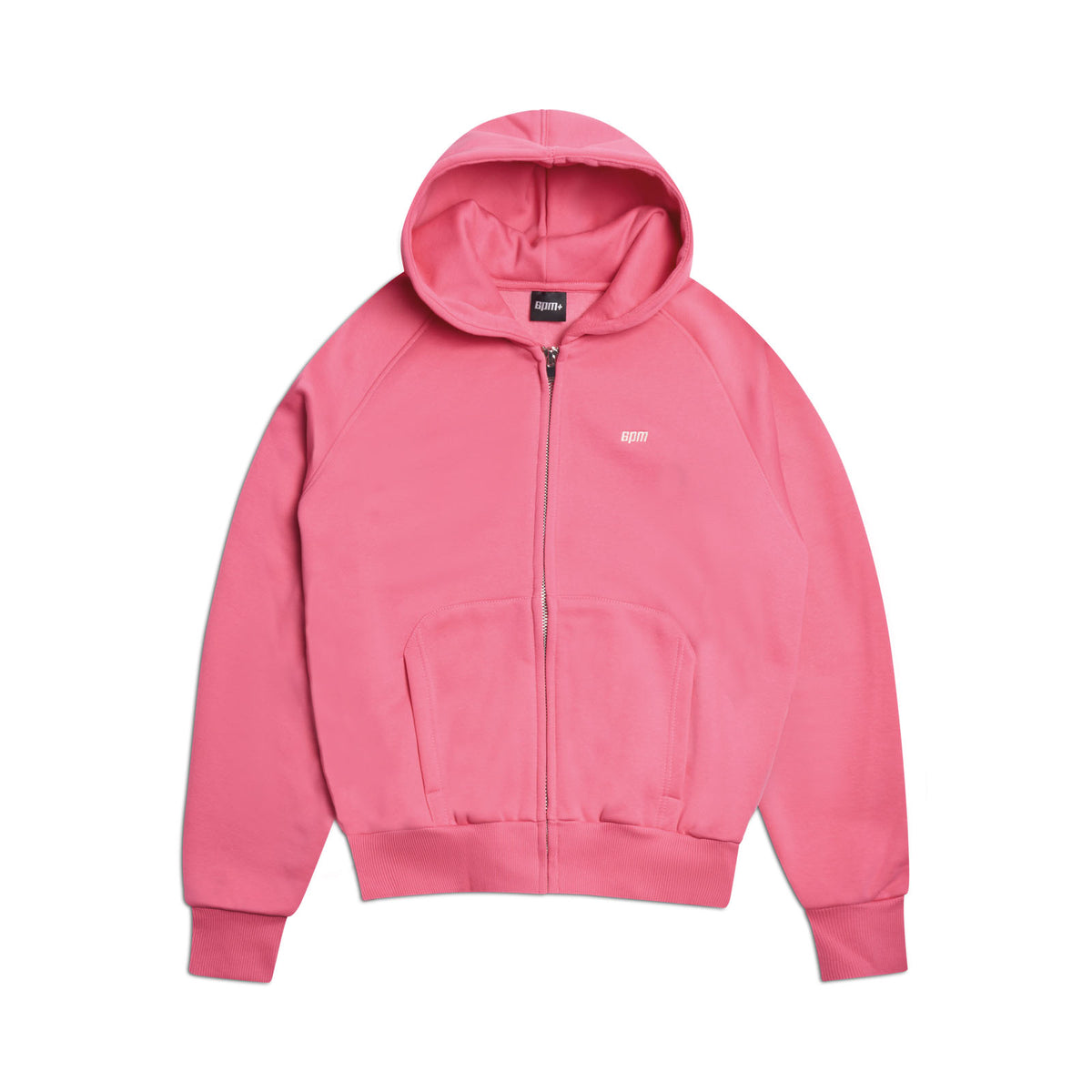 The ZIP HOODIE HOT PINK by 6PM features a front zip, hood, ribbed cuffs and waistband, and a front pocket. A small white logo accents the left chest. Its structured feel and clean finish make it ideal for everyday wear. Shown laid flat on white.