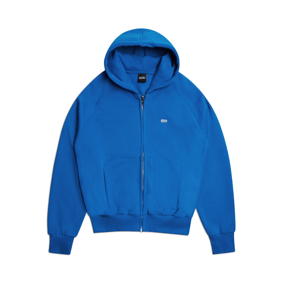 The 6PM ZIP HOODIE PRINCESS BLUE features a clean finish, front zipper, two large front pockets, ribbed cuffs and hem, and a small white logo on the left chest, shown against a white background.