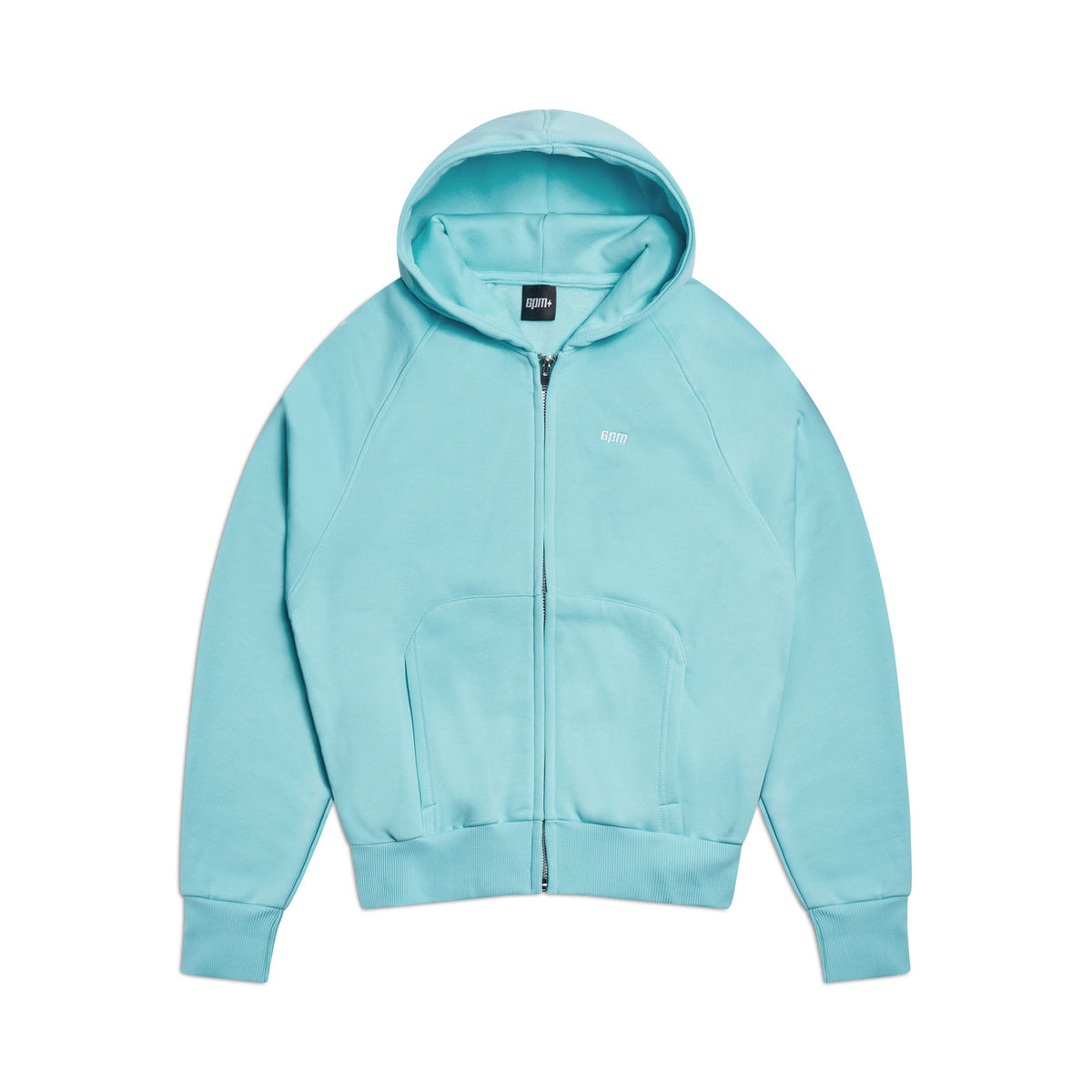 The 6PM ZIP HOODIE TURQUOISE features a light blue hue, hood, zip-up front, front pockets, and ribbed cuffs and hem for a structured feel and clean finish, shown laid flat on a white background.