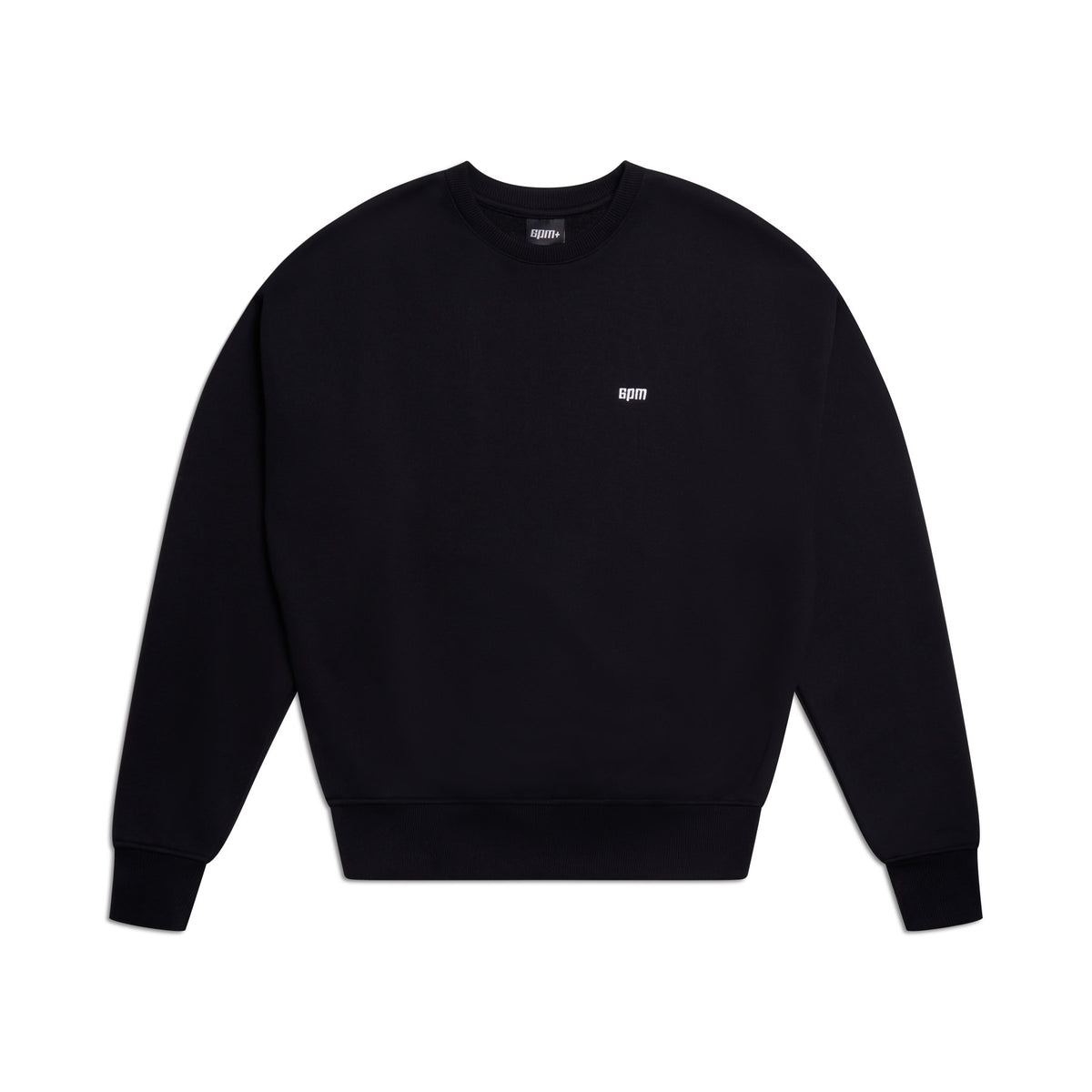 The 6PM CREWNECK BLACK is a black sweatshirt with ribbed trims, long sleeves, and a small white EDM logo centered on the chest, shown against a white background.