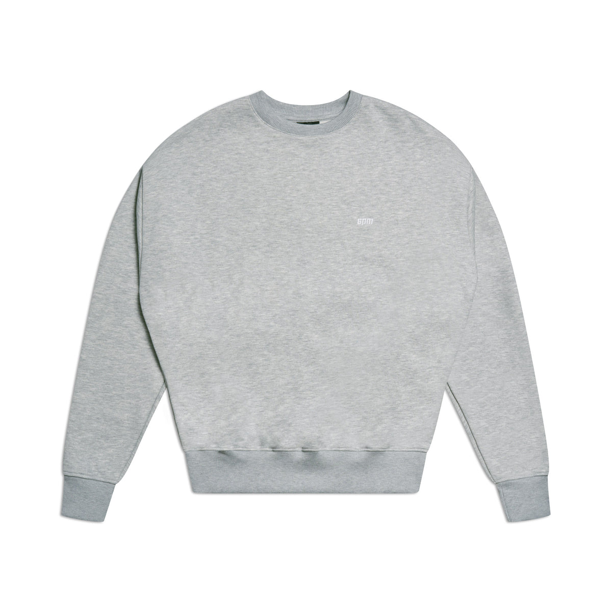 The 6PM CREWNECK GREY MELANGE is a light gray sweatshirt with long sleeves, ribbed collar, cuffs, and hem, featuring a small white logo on the left chest and shown against a white background.