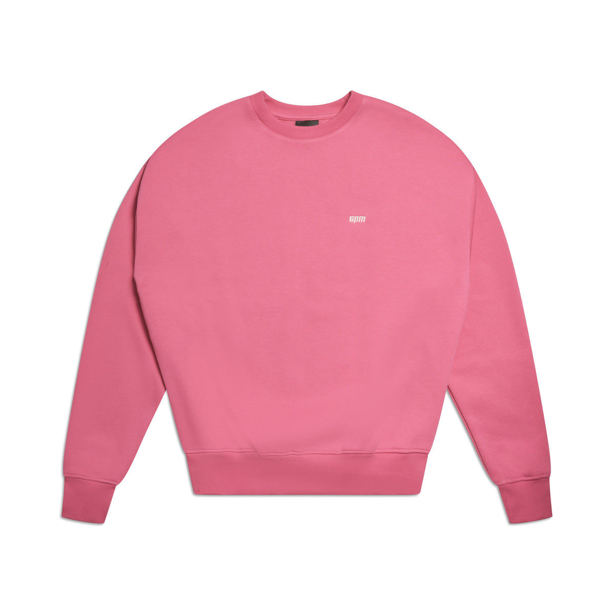 The 6PM CREWNECK HOT PINK is a boxy fit crewneck sweatshirt with long sleeves, ribbed trims, and a small white logo on the left chest, shown flat on a white background.