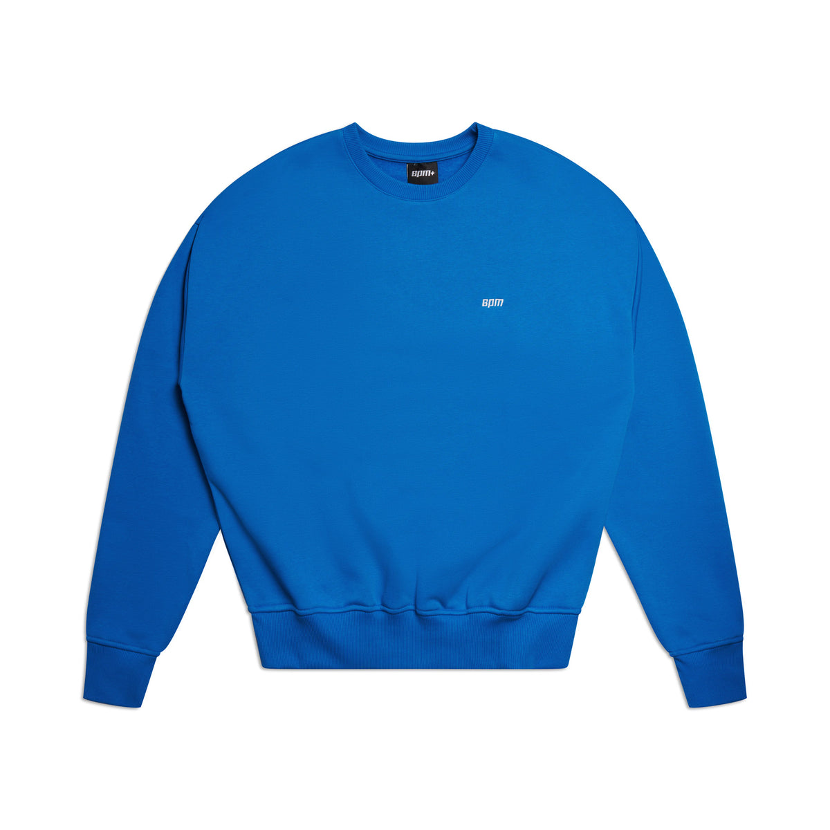 The 6PM CREWNECK PRINCESS BLUE is a bright blue crewneck sweatshirt with long sleeves, ribbed trims, and a small white chest logo, shown laid flat on a white background.