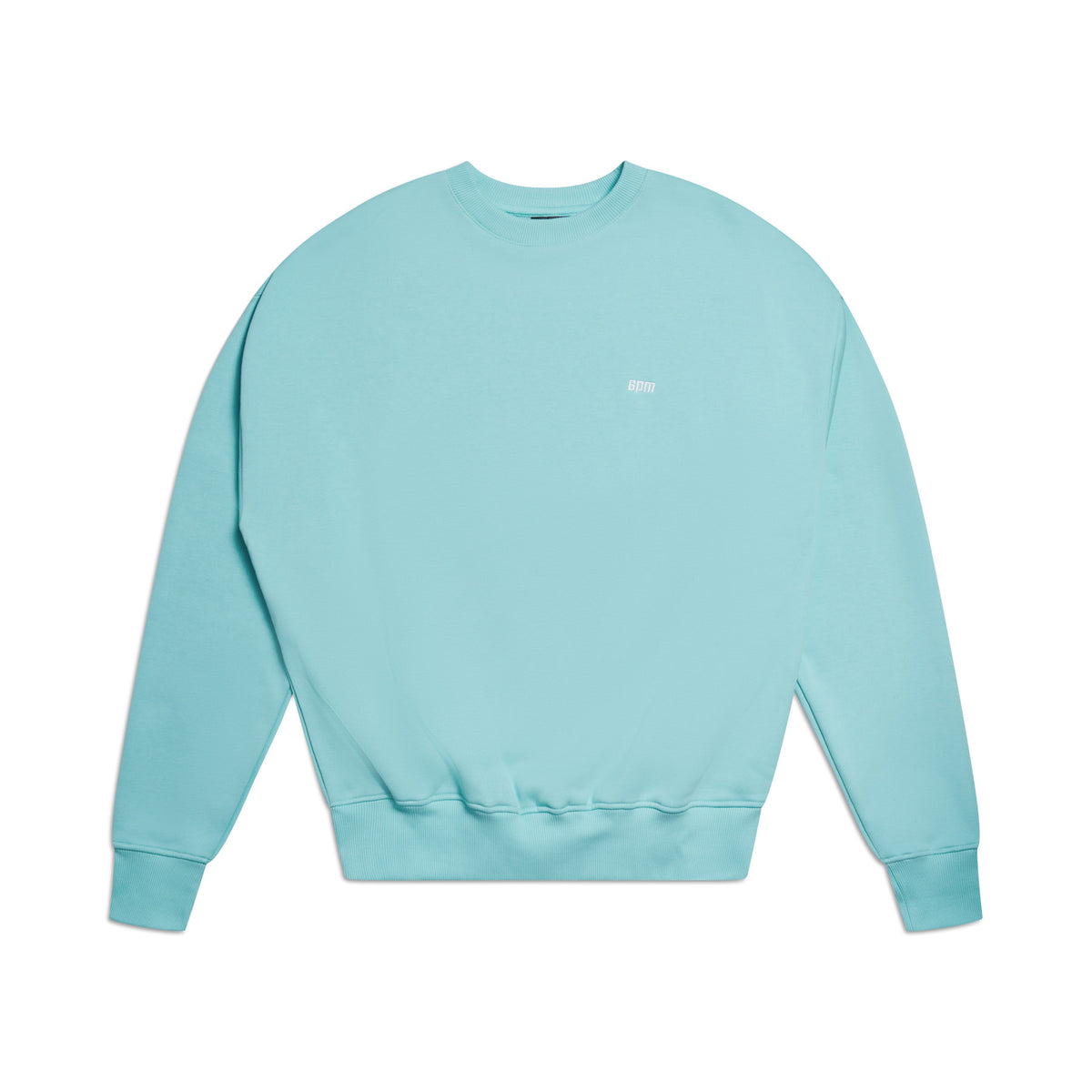The 6PM CREWNECK TURQUOISE is a light blue sweatshirt with long sleeves, ribbed cuffs, and a small white chest logo, shown against a white background.