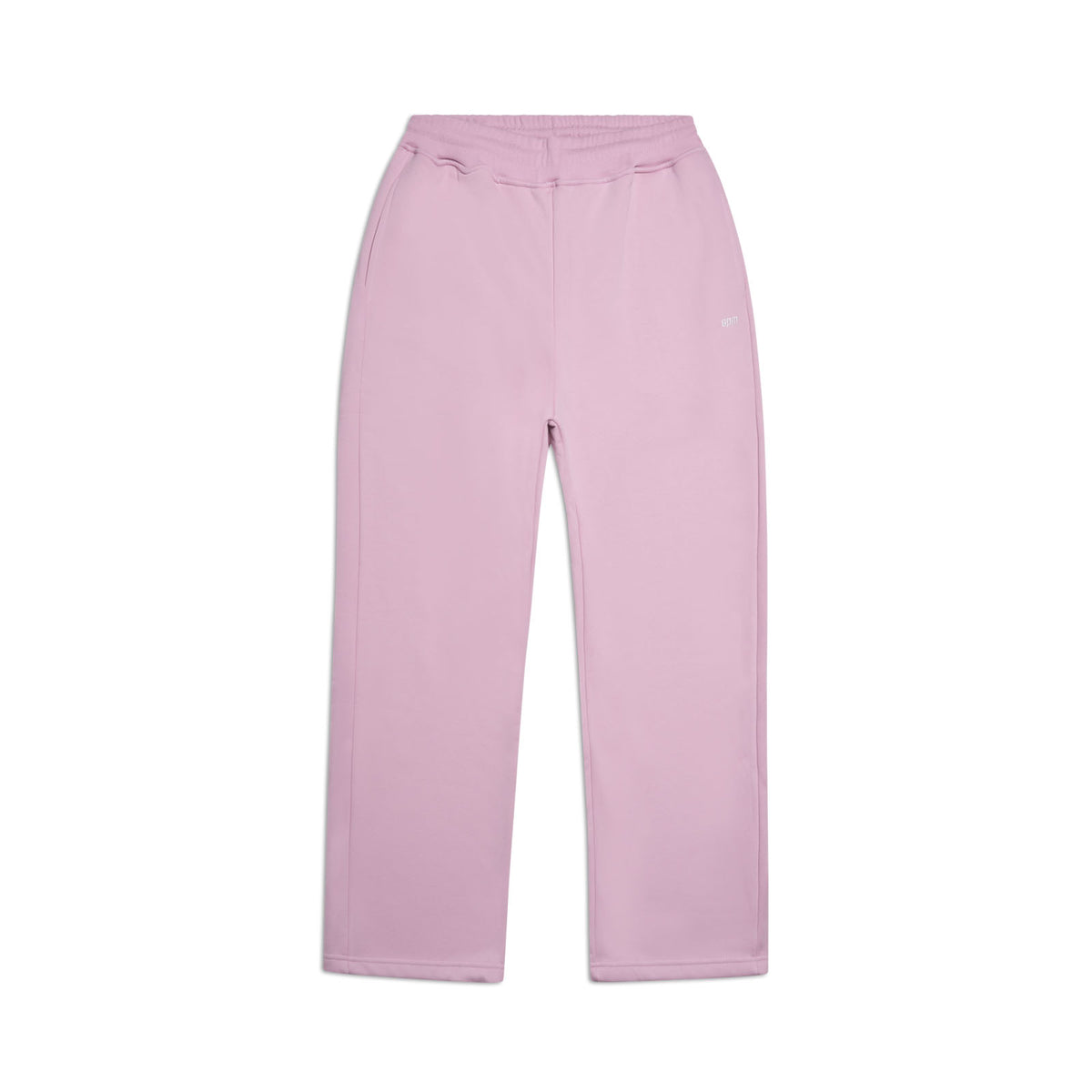 The 6PM OPEN LEG JOGGER BABY PINK features a modern classic design with a stacking length, elastic waistband, and side pockets. Shown laid flat on a white background.